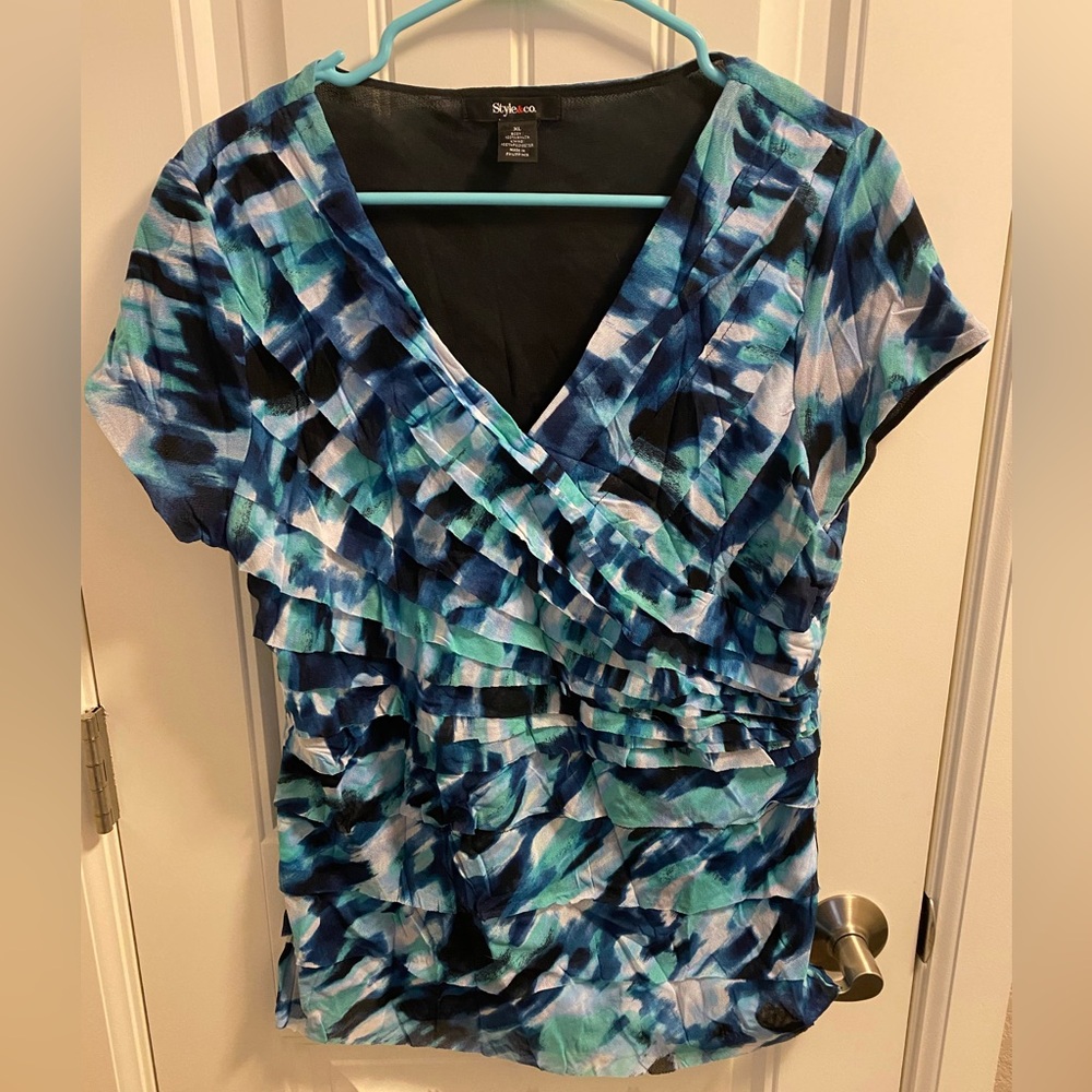 Style Co XL Top Blue White Layered Lined Blouse Short Sleeve Shirt Stretch